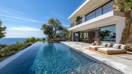Villa in Mediterranean modern style with infinity pool. Minimalist architecture in Mediterranean setting with sea views