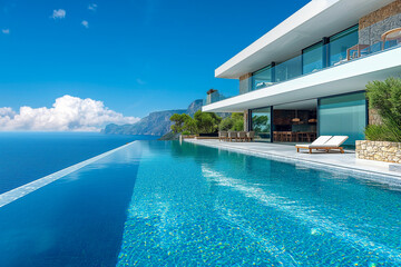 Fototapeta premium Villa in Mediterranean modern style with infinity pool. Minimalist architecture in Mediterranean setting with sea views