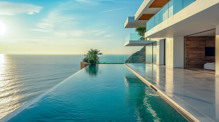 Fototapeta premium Villa in Mediterranean modern style with infinity pool. Minimalist architecture in Mediterranean setting with sea views