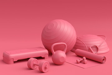Isometric view of sport equipment like kettlebell, fitness ball and yoga mat
