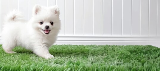 Playful white pomeranian puppy running on green grass   minimalist design with copy space
