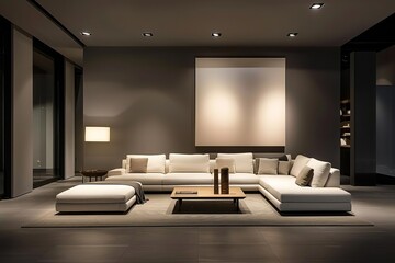 Fototapeta premium Modern living room interior design with white sectional sofa, coffee table and rug on wooden floor.