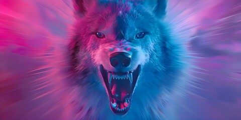 Psychedelic 1970s Rock Film Poster with Vibrant Snarling Wolf Head. Concept Psychedelic Art, 1970s Rock, Film Poster, Vibrant Colors, Snarling Wolf Head