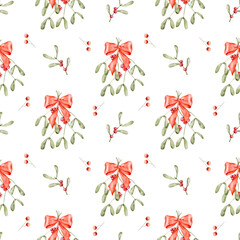 Materiał do szycia New Years Christmas hand drawn watercolor seamless pattern with mistletoe and red bow