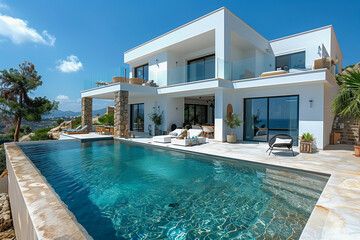 Villa in Mediterranean modern style with infinity pool. Minimalist architecture in Mediterranean setting