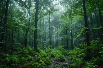 A dense forest with a misty atmosphere, showcasing the natural beauty and tranquility of woodland areas. 