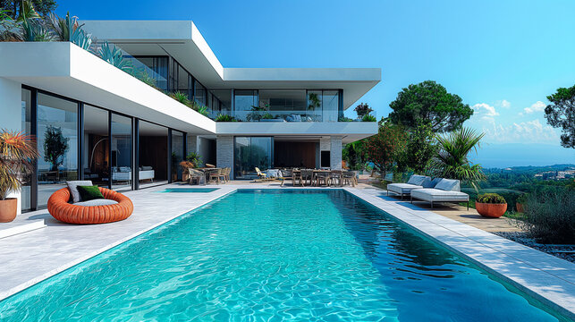 Villa in Mediterranean modern style with infinity pool. Minimalist architecture in Mediterranean setting