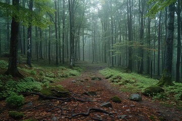 Fototapeta premium A dense forest with a misty atmosphere, showcasing the natural beauty and tranquility of woodland areas. 