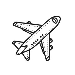 A black and white drawing of an airplane. The airplane is positioned in the middle of the image, with its wings spread out. The image has a simple and clean design