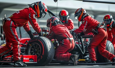 Obraz premium Formula One Racing Pit Stop: Red Jumpsuit Team, High-Speed Tire Change, Seamless Teamwork, Intense Competition
