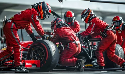  Formula One Racing Pit Stop: Red Jumpsuit Team, High-Speed Tire Change, Seamless Teamwork, Intense Competition © Handz