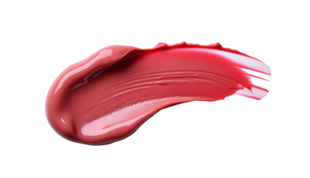 Red lipstick smear smudge swatch isolated on transparent background, cream makeup texture, color cosmetic product brush stroke swipe close up.