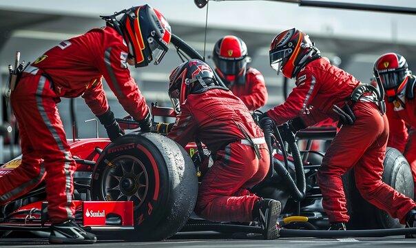 Formula One Racing Pit Stop: Red Jumpsuit Team, High-Speed Tire Change, Seamless Teamwork, Intense Competition