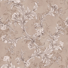 Obraz premium Seamless floral monochrome elegant pattern and background with baroque gild elements and realistic roses
