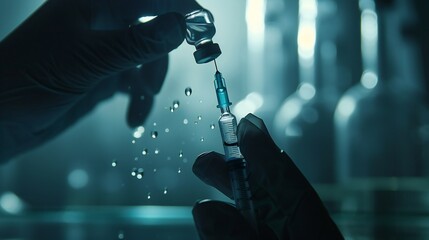 view of a doctor's hand and syringe, with serum drops in mid-fall.