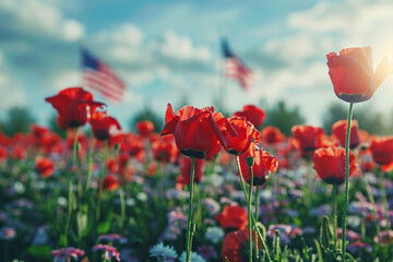 Obraz premium Beautiful poppy field in the sun. Generated by artificial intelligence