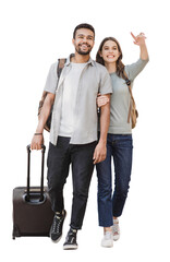 Beautiful happy couple full length portrait isolated transparent PNG, Young joyful smiling woman...