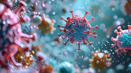 A dynamic 3D illustration of a virus particle surrounded by antibodies, depicting the immune response to disease.