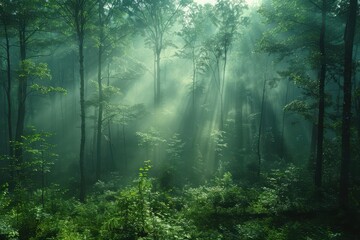 Naklejka premium A dense forest with a misty atmosphere, showcasing the natural beauty and tranquility of woodland areas. 
