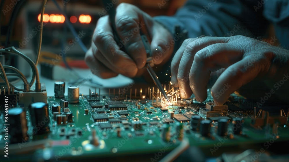 Poster a person sits in front of a circuit board, assembling and testing its components