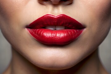 Obraz premium Close-Up Of Woman'S Lips With Red Lipstick. Perfect Make-Up.ðŸ‘„ðŸ’„ðŸ’‹