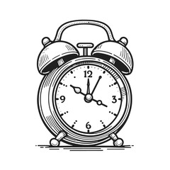 A black and white drawing of an alarm clock with the hands on the number 3 and 9. The clock is set to the time of 9:30