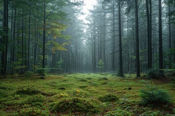 Obraz premium A dense forest with a misty atmosphere, showcasing the natural beauty and tranquility of woodland areas. 