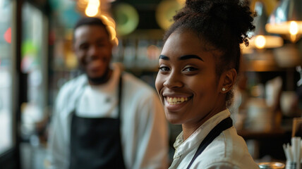 Fototapeta premium A smiling woman wearing an apron standing in a bright and cheerful kitchen filled with the aroma of freshly baked cookies, sunlight streaming.