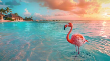 Fototapeta premium Beautiful Flamingo Standing in Turquoise Water at Sunset, Generative AI
