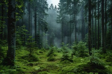 A dense forest with a misty atmosphere, showcasing the natural beauty and tranquility of woodland areas. 