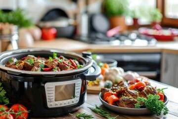 A slow cooker sitting on a wooden table, ready for use in a kitchen or dining setting