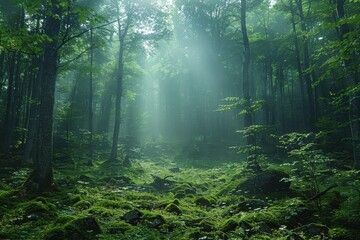 Obraz premium A dense forest with a misty atmosphere, showcasing the natural beauty and tranquility of woodland areas. 