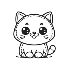 A cute cartoon cat is sitting on the ground. It has a big smile on its face and its eyes are wide open