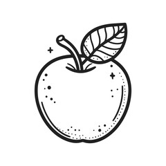 A black and white drawing of an apple with a leaf on top. The apple is the main focus of the image, and the leaf adds a touch of nature to the drawing. Scene is simple and elegant