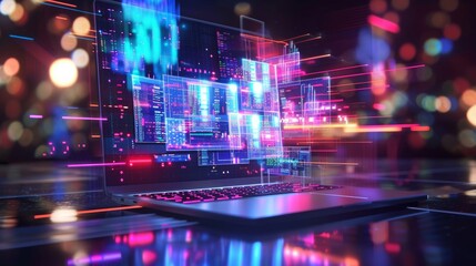 Fototapeta premium Explore the future of business technology with holographic laptops and digital devices Concept of modern innovation and futuristic workplace