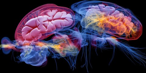 Closeup of brain scan showing regions impacted by Alzheimers disease. Concept Medical Imaging, Alzheimer's Disease, Brain Region, Close-up Scan, Neurology
