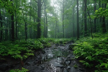Obraz premium A dense forest with a misty atmosphere, showcasing the natural beauty and tranquility of woodland areas. 