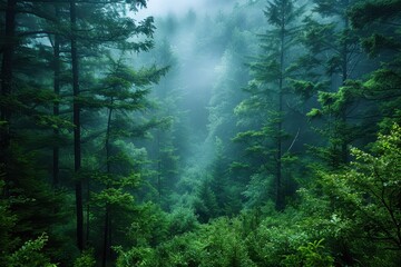 Obraz premium A dense forest with a misty atmosphere, showcasing the natural beauty and tranquility of woodland areas. 