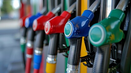 Close-up of fuel pump nozzles at a gas station