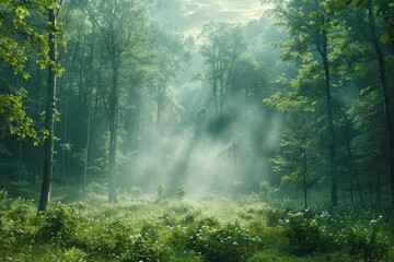 Fototapeta premium A dense forest with a misty atmosphere, showcasing the natural beauty and tranquility of woodland areas. 