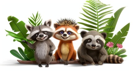 Fototapeta premium A playful illustration of jungle animal friends, featuring a raccoon, hedgehog, and panda, surrounded by lush green leaves and flowers