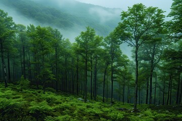 Fototapeta premium A dense forest with a misty atmosphere, showcasing the natural beauty and tranquility of woodland areas. 