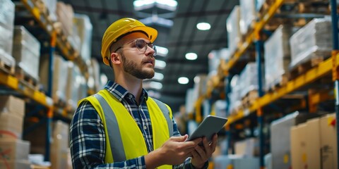 A warehouse manager oversees operations using a tablet, ensuring efficient distribution.