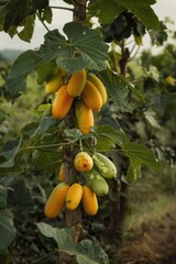 A branch with yellow and green fruits hanging from a tree