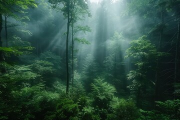 A dense forest with a misty atmosphere, showcasing the natural beauty and tranquility of woodland areas. 