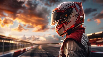 Obraz premium Male racer wearing racing suit and helmet standing on track stadium.
