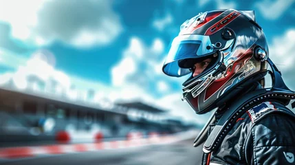 Rolgordijnen zonder boren Male racer wearing racing suit and helmet standing on track stadium. © Oulaphone
