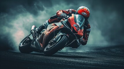 Naklejka premium Motorcycle racing at the track, fast and dynamic shots, motion blur.