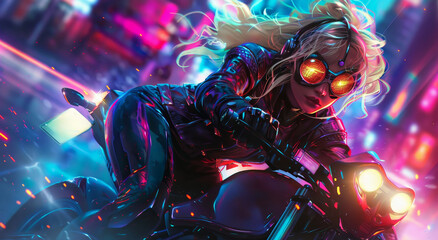 Fototapeta premium A woman is riding a motorcycle in a city at night by AI generated image