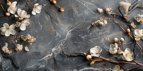 Obraz premium White flowers and vanilla pods on a gray marble background, creating an elegant and sophisticated scene.